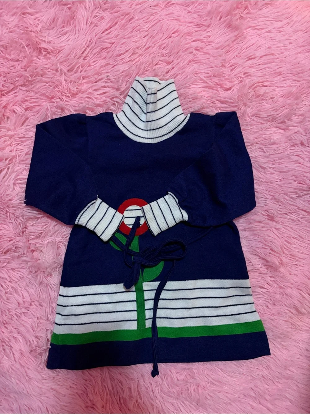 Kids Navy Blue Striped Turtleneck Tunic with Flower Appliqué